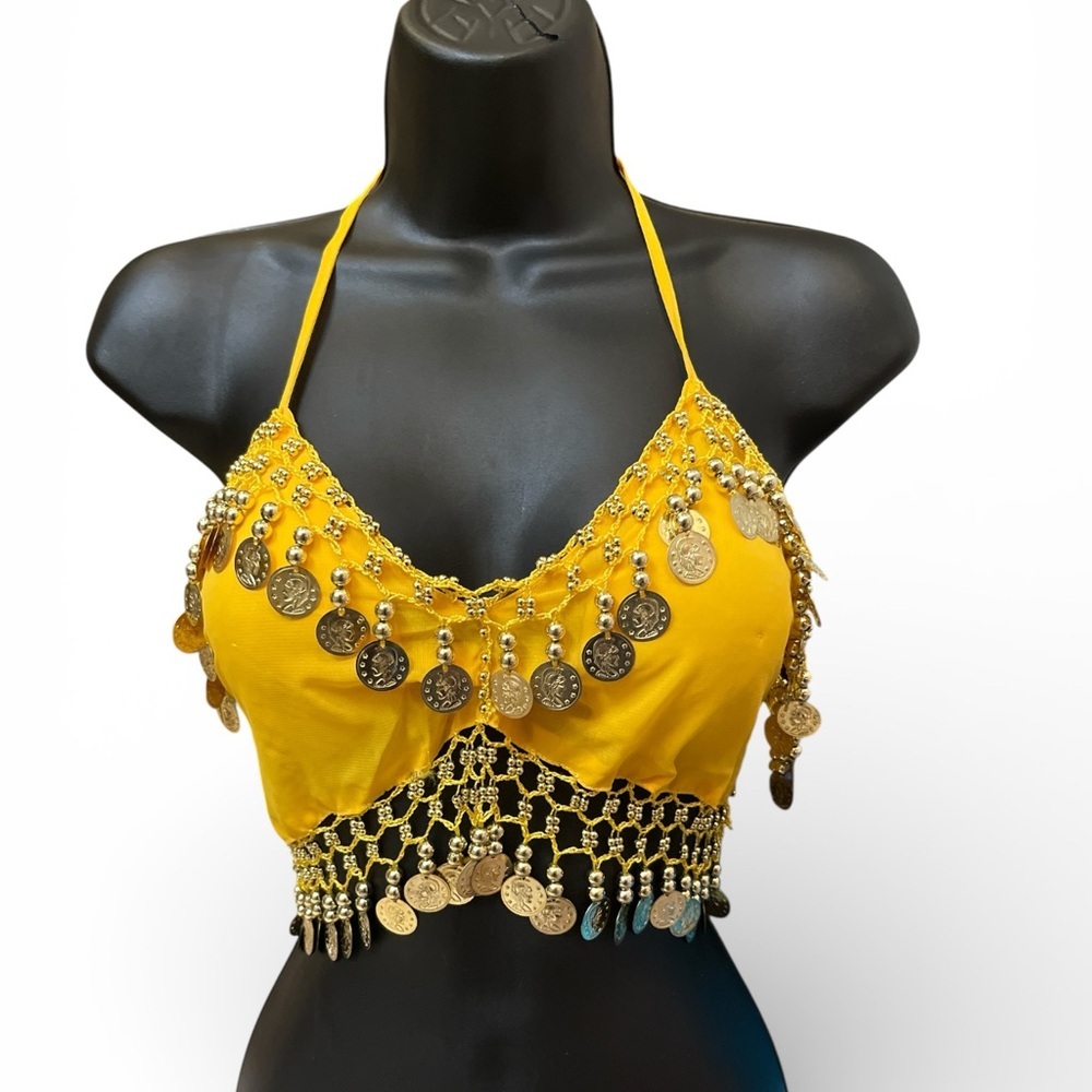 Yellow Belly Dance Halter Tie Back Top with Gold Coin Accents NWT